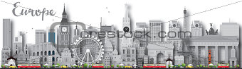 Europe skyline silhouette with different landmarks.