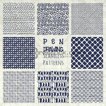 Abstract Pen Drawing Seamless Background Patterns Set