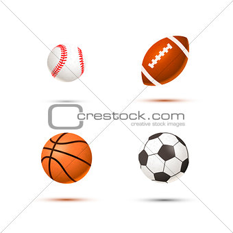 Set of realistic sport balls for soccer, basketball, baseball and rugby on white