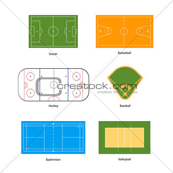 Sport fields marking for soccer, basketball, volleyball, baseball, hockey and badminton on white