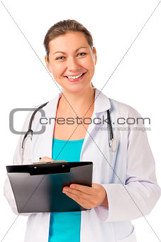 Doctor with a beautiful smile and recipes 