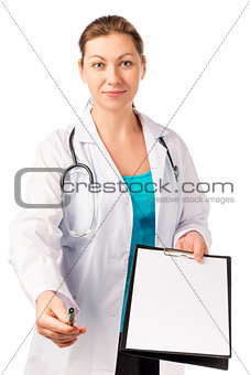Doctor gives a blank and pen isolated