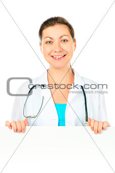 Portrait of a doctor with a large white poster for inscriptions