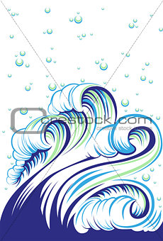 Blue high sea wave with bubbles