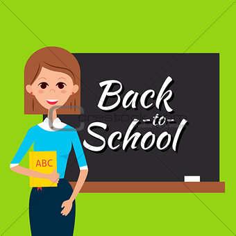 Teacher with Book and Back to School Blackboard