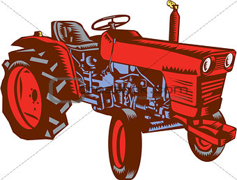 Vintage Farm Tractor Side Woodcut