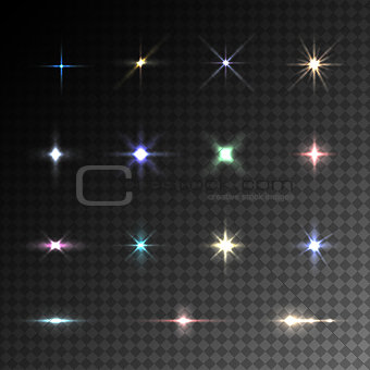 Collection of vector colorful flare light effects.