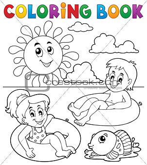 Coloring book children in swim rings 1