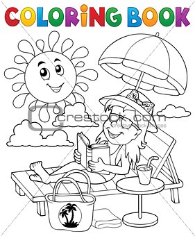 Coloring book girl on sunlounger theme 1