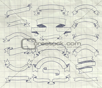 Collection of Vector Pen Drawing Ribbons, Banners