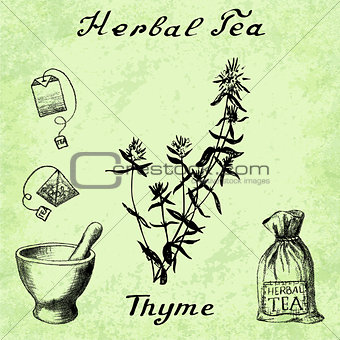 Herbal tea, thyme, mortar and pestle, bag, tea bag.