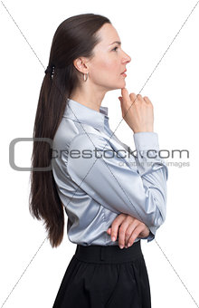 Side view portrait of attractive businesswoman thinking