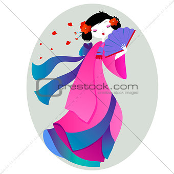beautiful illustration of a geisha in pink kimono