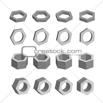 Hexagon. Monochrome set of geometric prism shapes, platonic solids, vector illustration