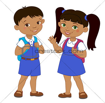 Boy and girl with backpacks pupil stay cartoon school isolated