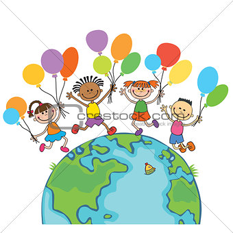 four happy jumping kids round the globe, with balloons isolated background cartoon