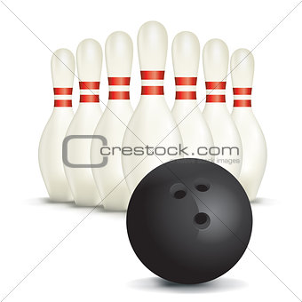 Bowling Ball and Pins Isolated on White