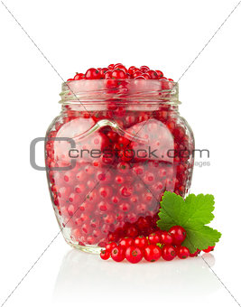 Fresh Red Currant with Green Leaf in glass jar