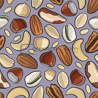 Vector seamless pattern nuts. hazelnut, almonds, peanuts, walnut, cashew, pine nut, pistachios, pecan