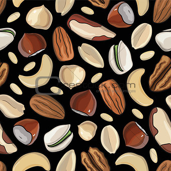 Vector seamless pattern nuts. hazelnut, almonds, peanuts, walnut, cashew, pine nut, pistachios, pecan