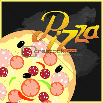 Pizza on a black chalkboard background. vector illustration