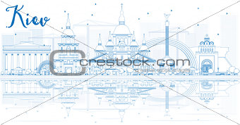 Outline Kiev skyline with blue buildings and reflections. 