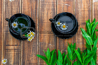 Two black cup of tea with chamomile near fresh mint on wooden table background. Tea concept. Frame, copy space. Top view.