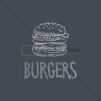 Burger Sketch Style Chalk On Blackboard Menu Item