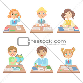 Kids Behind the Desks In School Set