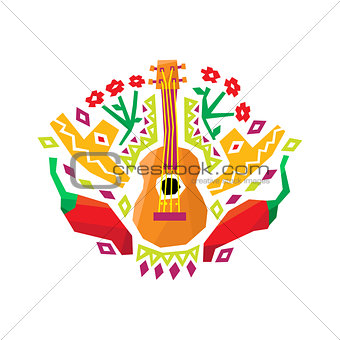 Chili Pepper, Guitar And Sombrero Stylized Colorful Pattern