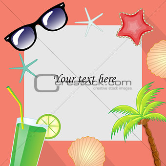 Summertime traveling template with beach summer accessories. Summer template for the text frame. vector illustration.
