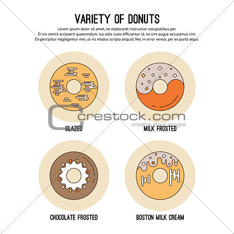 Vector design template with thin line icons of list sweet donuts  frosting and chocolate topping. Flat  graphic