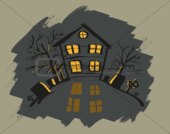 Dark halloween house. Orange light in windows