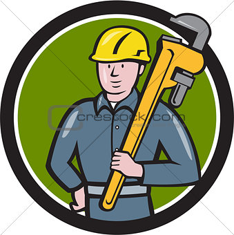 Plumber Holding Wrench Circle Cartoon