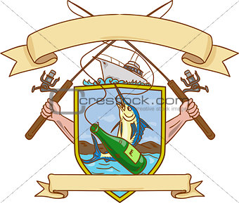 Fishing Rod Reel Hooking Blue Marlin Ribbon Coat of Arms Drawing