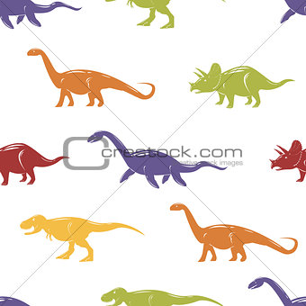 Seamless pattern with colorful dinosaurs on white background.