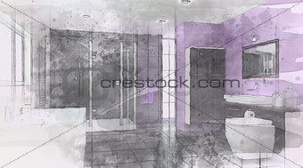 Contemporary Bathroom Interior with sketched watercolor effect
