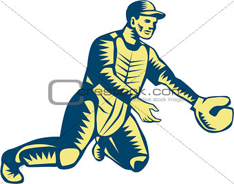 Baseball Catcher Catching Woodcut