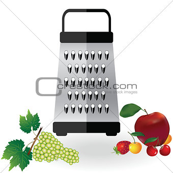 Grater metallic icon vector and fruits apple, strawberry, cherry, grapes illustration. Kitchen equipment steel food cut accessory isolated on white.