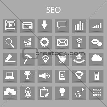 Vector flat icons set and graphic design elements. Illustration with SEO outline symbols.