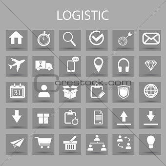 Vector flat icons set and graphic design elements. Illustration with Logistic, delivery business, distribution outline symbols.