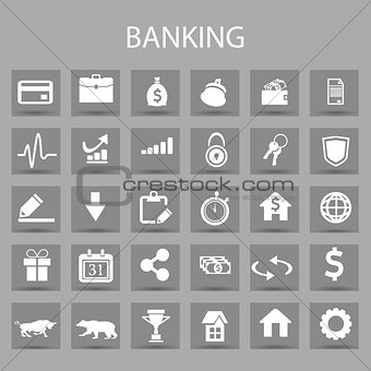 Vector flat icons set and graphic design elements. Illustration with banking, finance outline symbols.