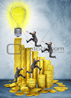 Businessmen run and jump on money stairs 