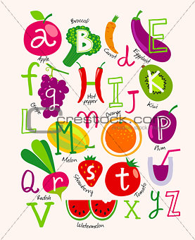 Cute vector vegetarian alphabet with fruits and vegetables