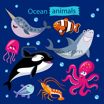 cartoon ocean animals on a dark background