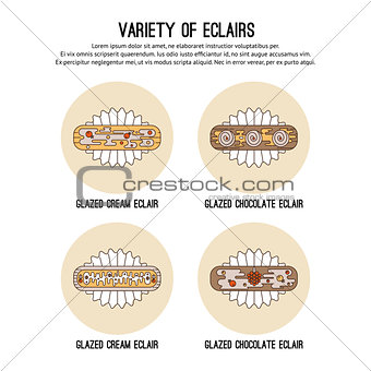 Vector design template with thin line icons of french dessert eclair on white background. Flat  graphic