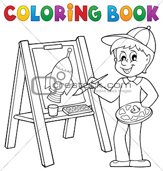 Coloring book boy painting on canvas