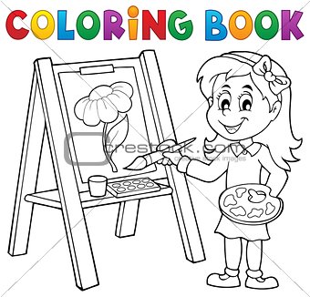 Coloring book girl painting on canvas