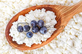crumbly cottage cheese in the wooden spoon with blueberries