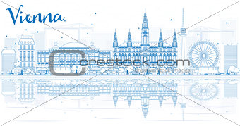 Outline Vienna Skyline with Blue Buildings and Reflections. 